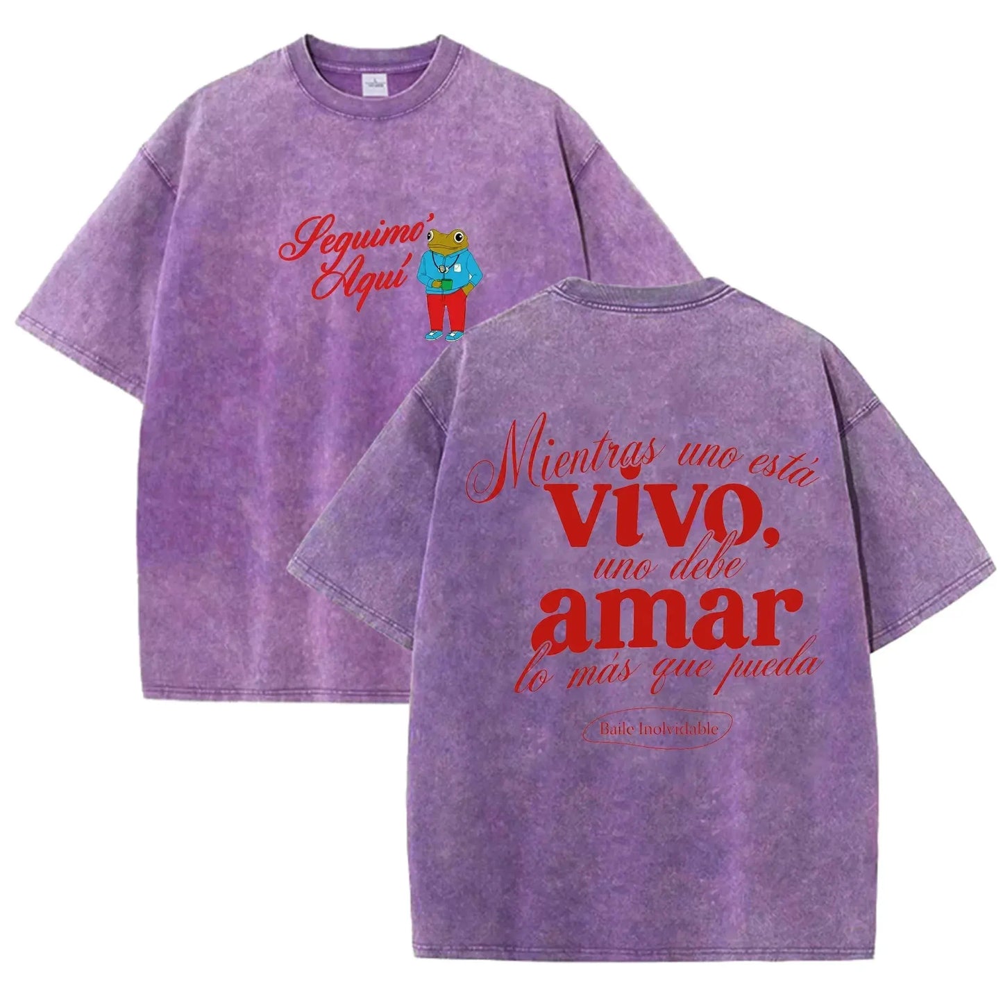 Vintage Washed Black Seguimo Aqui Frog Spanish Slogan Front Back Print Casual T Shirt by Vimost Shop