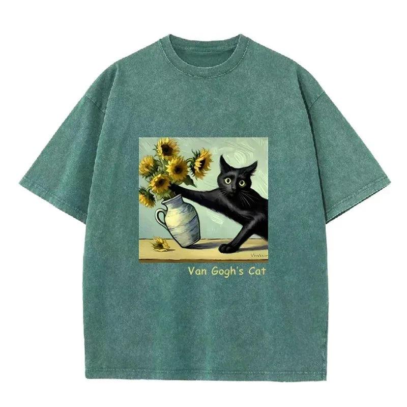 Funny s Cat Sunflower Art Print Vintage Washed Black Casual Top by Vimost Shop
