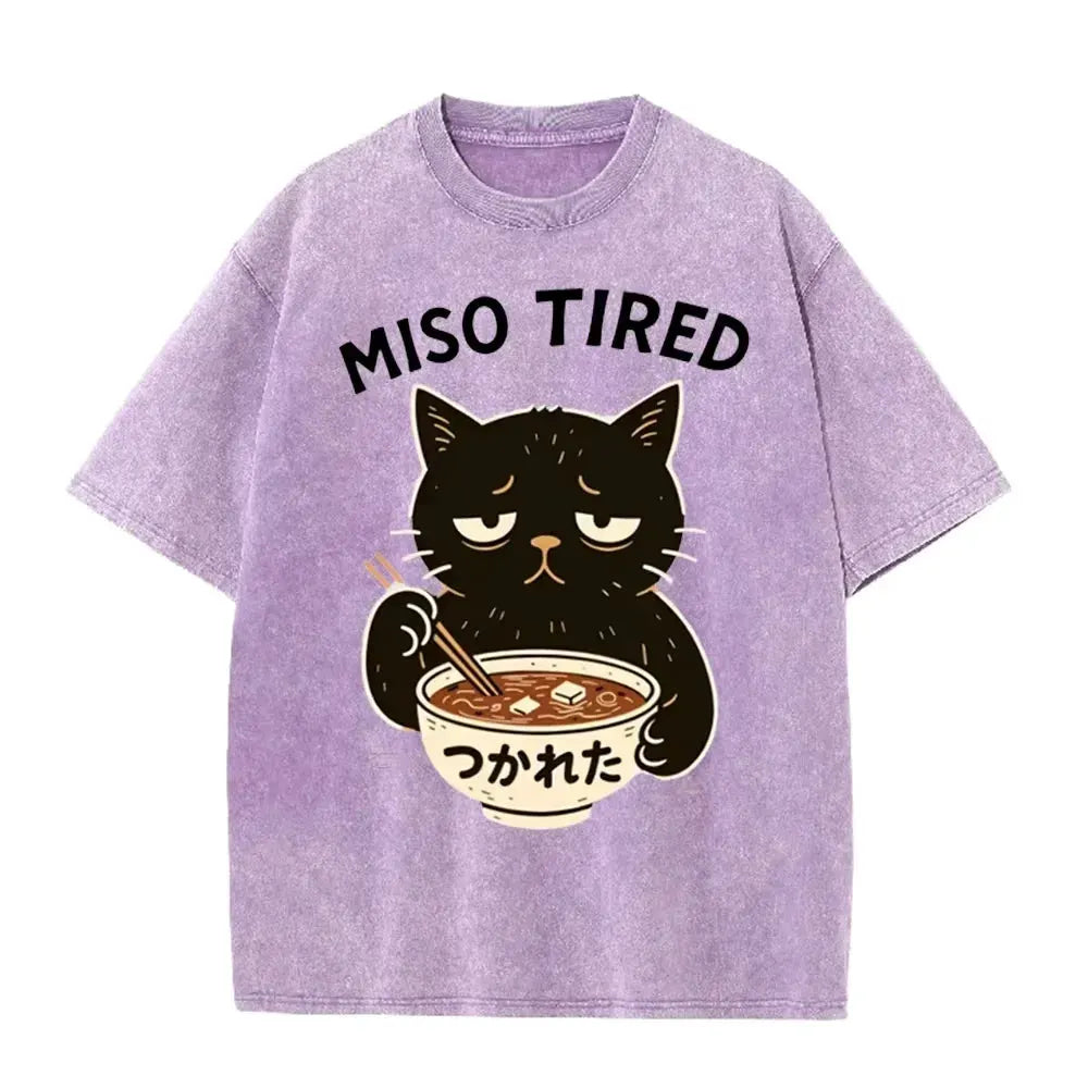 Vintage Washed Purple Miso Tired Black Cat Miso Soup Casual T Shirt by Vimost Shop
