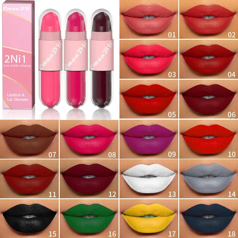 18 Colors 2 in 1 Matte Lipstick Liquid Purple Lip Glaze Double Head Lip Makeup Lasting Waterproof Velvet Sexy Dark Red Lipsticks by HMEINA Store