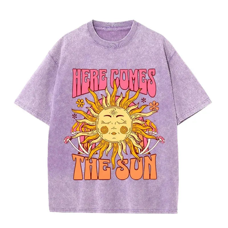 Vintage Black Here Comes The Sun T Shirt Retro Psychedelic Sun Acid Wash Tee by Vimost Shop