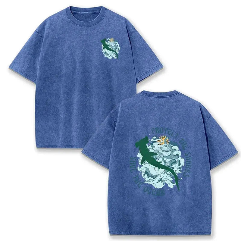 Distressed Vintage Washed Tee Double Print Shark Wave Protect Ocean Letter Loose Fit Short Sleeve T Shirts by Vimost Shop