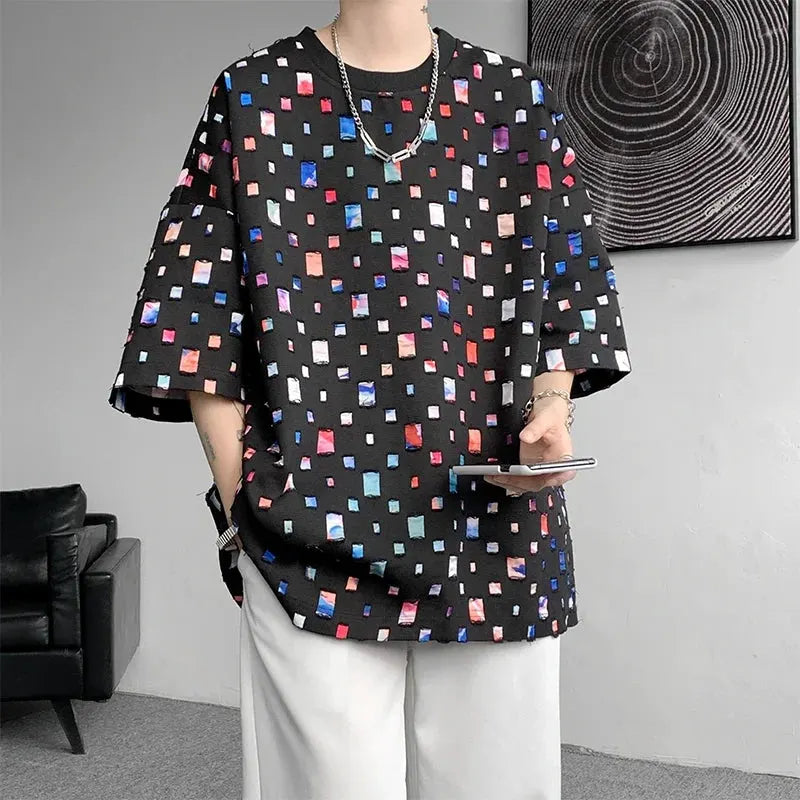 Summer Short Sleeved T-shirt Men Hollow Out Oversized Plaid T Shirt Men Streetwear Hip Hop Loose Casual Tshirt Male 5XL by Vimost Shop