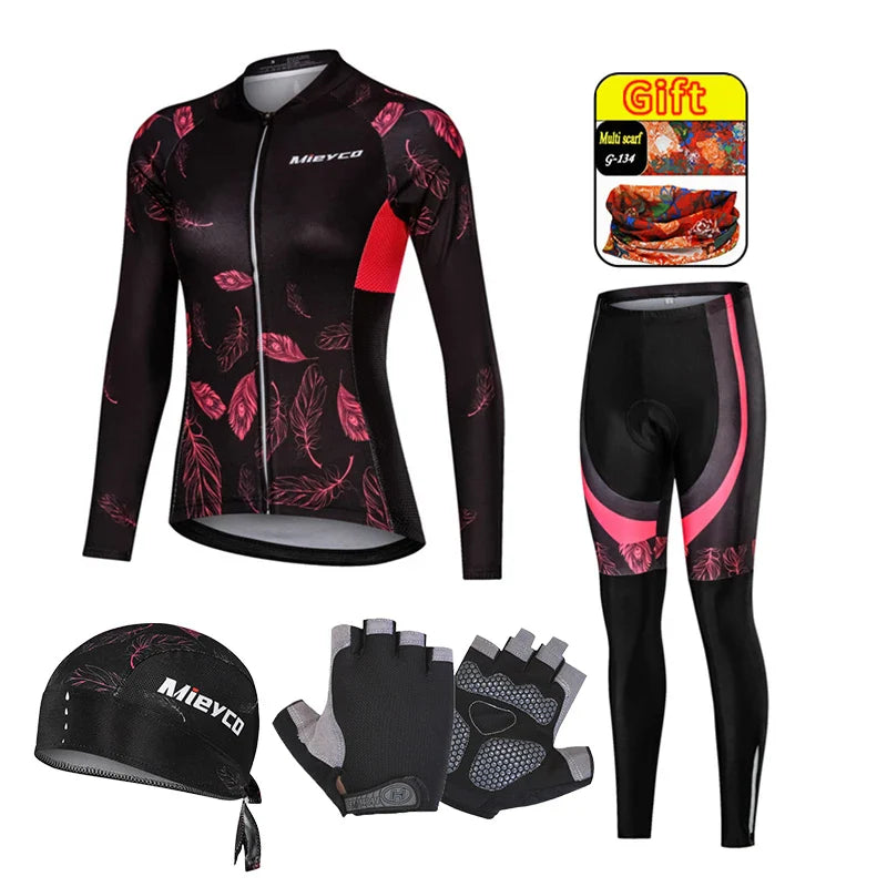 Women Long Sleeve Cycling Jersey Set MTB Bike Pants Kit Breathable Sportswear-20