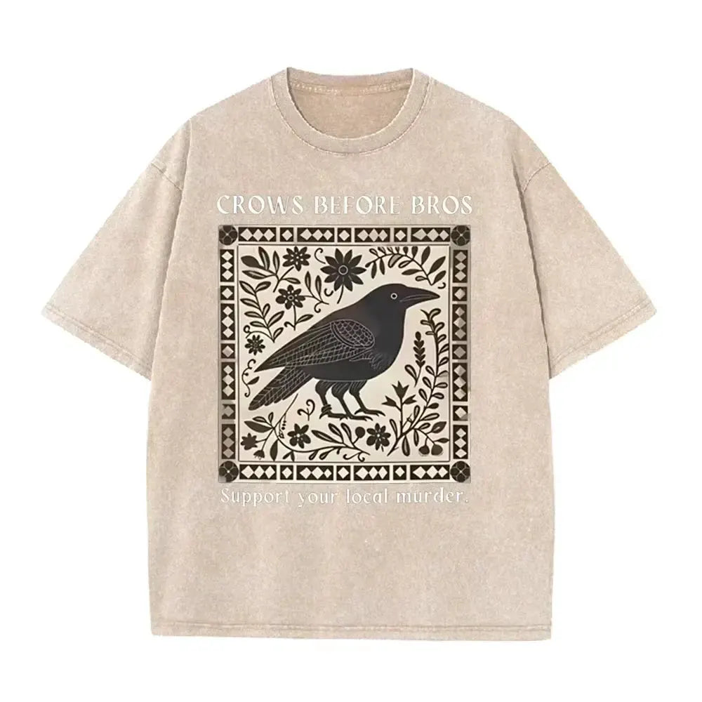 Distressed Vintage Washed Tee Vintage Square Crow Floral Print Support Local Murder Funny Slogan Loose T Shirts by Vimost Shop