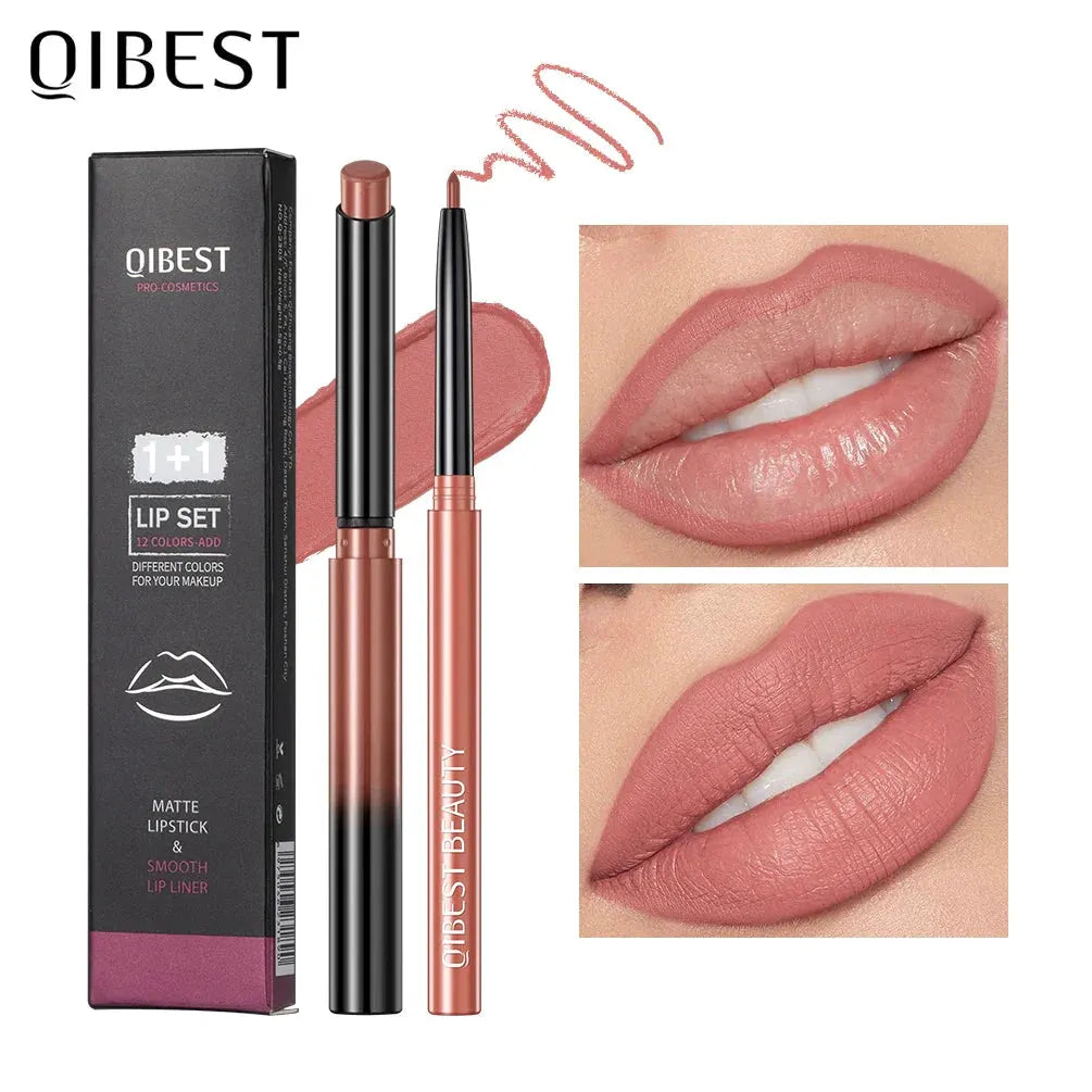 QIBEST 2pcs Lipstick Lipliner Pen Set Matte Nude Lip Liner Pencil Waterproof Long Lasting Lipstick Pen Contour Makeup For Women by QIBEST Makeup Store