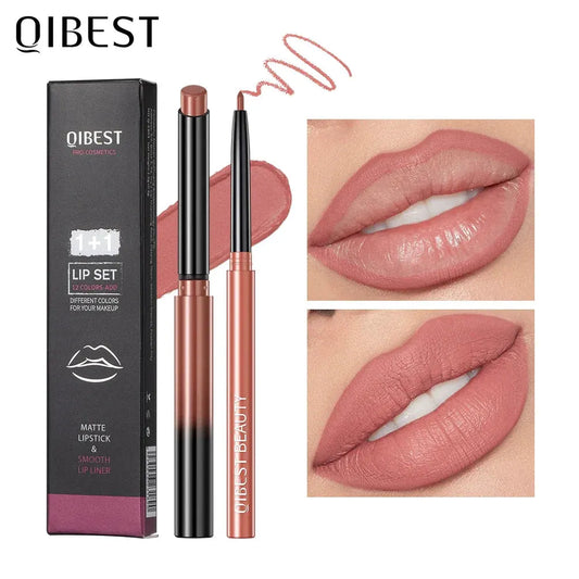 QIBEST 2pcs Lipstick Lipliner Pen Set Matte Nude Lip Liner Pencil Waterproof Long Lasting Lipstick Pen Contour Makeup For Women by QIBEST Makeup Store