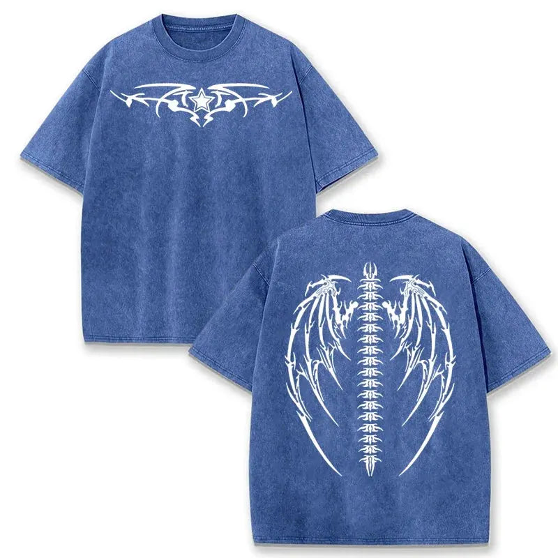 Gothic Tribal Wing Spine Print Vintage Washed Gray Y2K Casual Graphic T Shirt by Vimost Shop