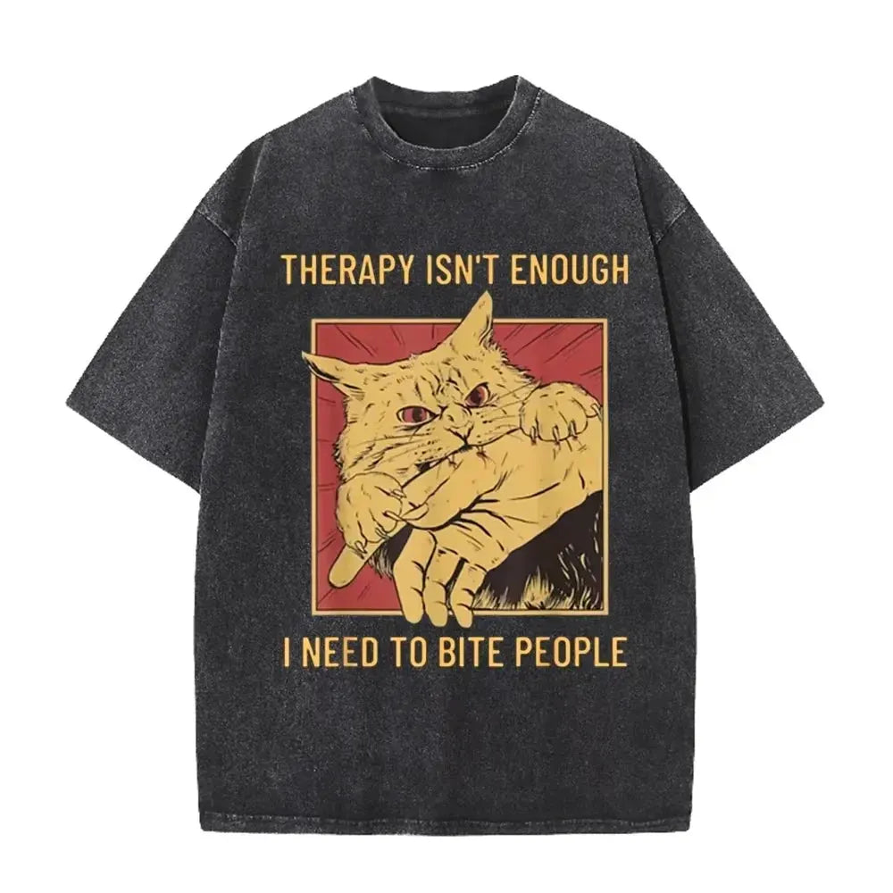 Funny Cat Bite Hand "Therapy Isn't Enough" Print Vintage Washed Black T Shirt by Vimost Shop