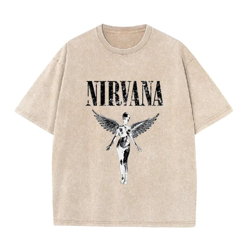 Vintage Distressed Washed Tee Nirvana Grunge Rock Silver Angel Skeleton Print Loose Fit Short Sleeve T Shirts by Vimost Shop