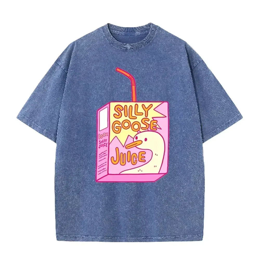 Cute Silly Goose Juice Box Print Washed Purple Y2K Aesthetic Women T-shirt by Vimost Shop