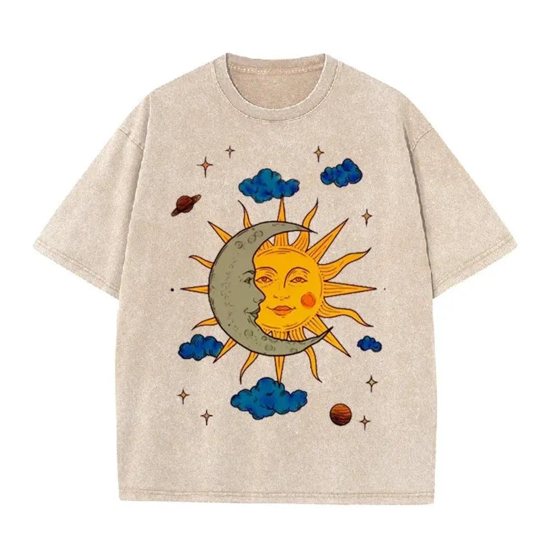 Men's Moon and Sun Printed T-shirt Oversized Short Sleeved Retro Washed Shirt Summer Top by Vimost Shop