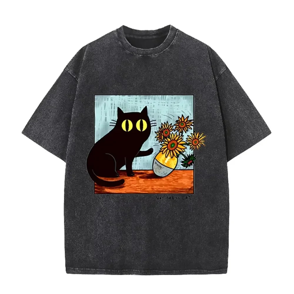 Funny Art Cat Van Gogh's Cat Print Vintage Washed Blue Casual Graphic T Shirt by Vimost Shop