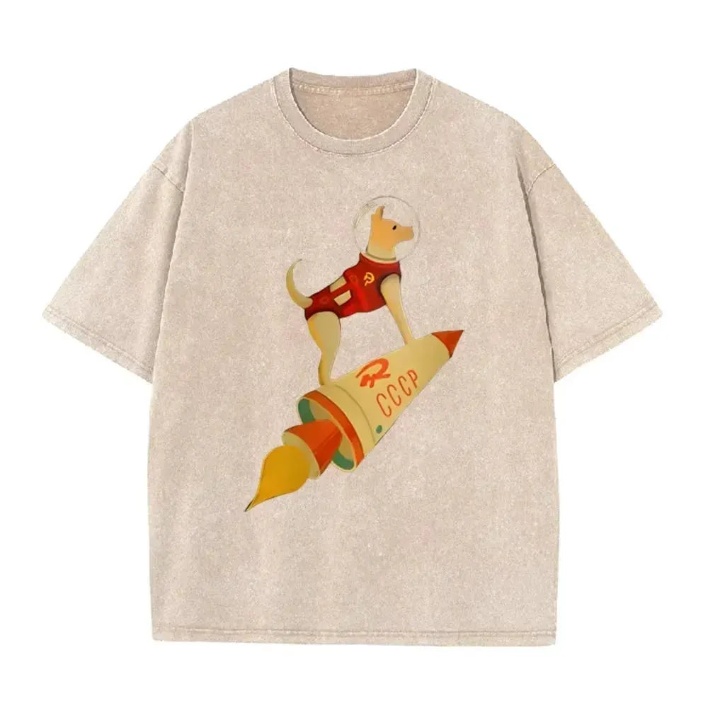 Vintage Washed Gray Tshirt CCCP Laika Space Dog Rocket Cartoon Print Loose Short Sleeve Retro Soviet Casual Tee by Vimost Shop