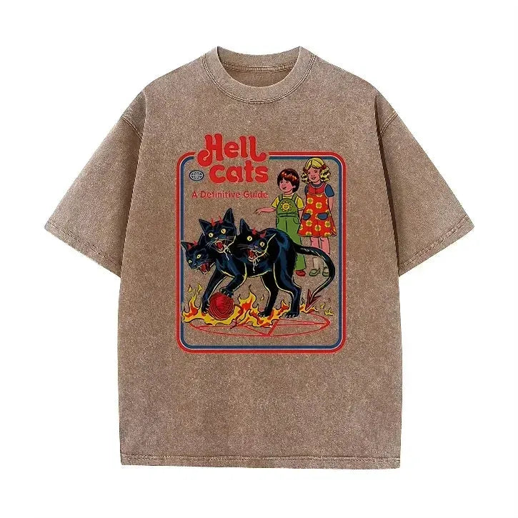 Purple Acid Wash Hell Cats Graphic Casual Retro Streetwear Tee by Vimost Shop