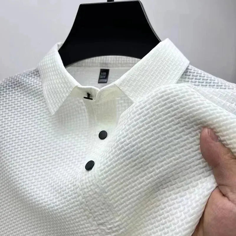 Men's Textured Short-Sleeve Polo Shirt with Collar and Button Placket by Vimost Shop