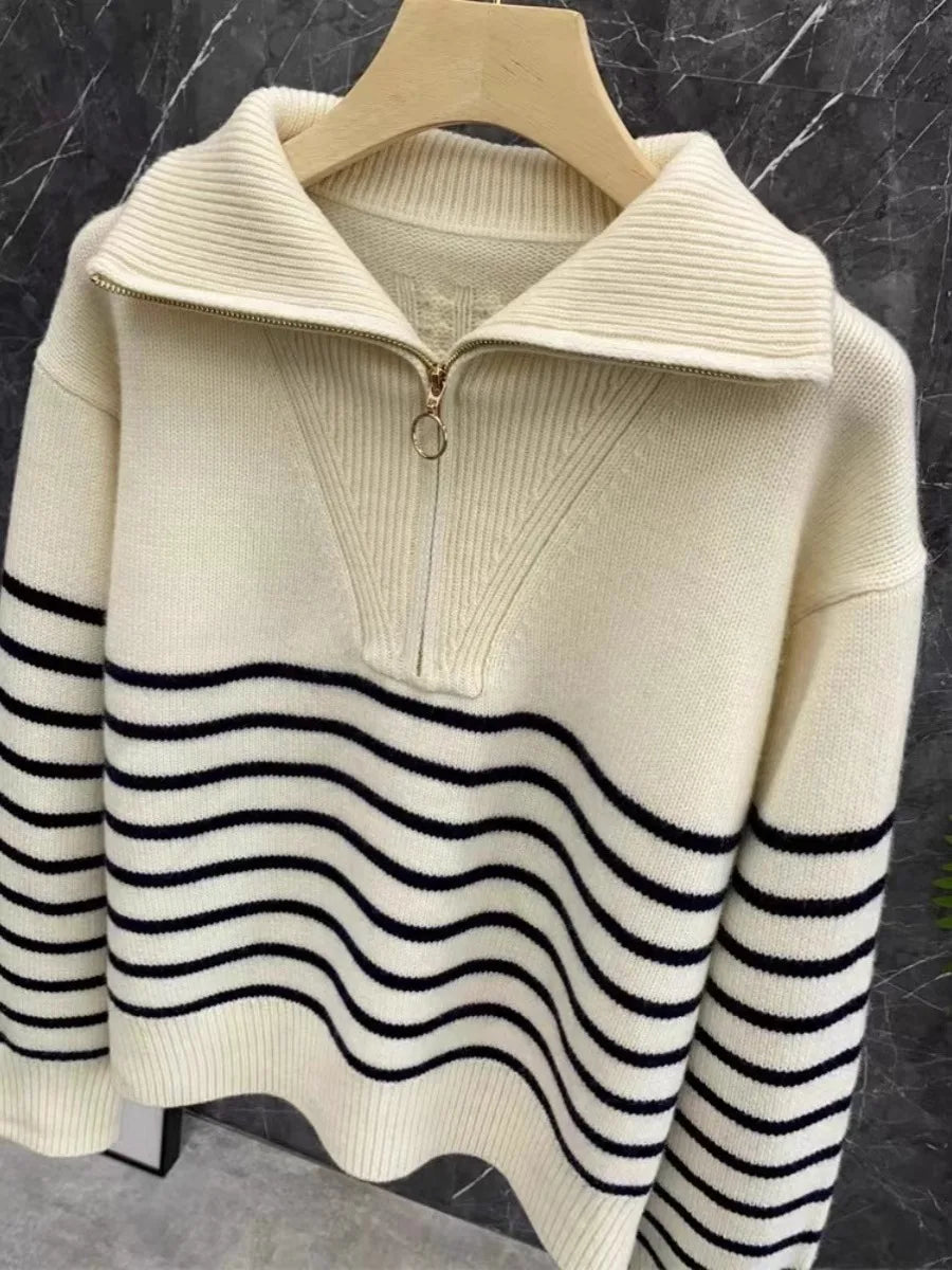 Autumn/Winter new classic striped zipper turtleneck + lapel 100% cashmere knit sweater women's bottom sweater-1