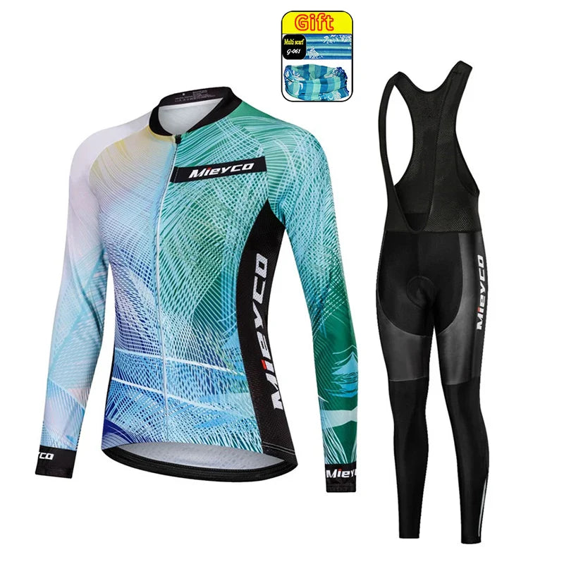Women Long Sleeve Cycling Jersey Set MTB Bike Pants Kit Breathable Sportswear-14