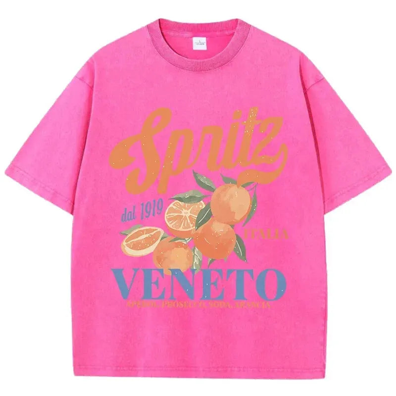 Orange Fruit Printed Washed T-shirt for Men Cotton T-shirt with Holes Round Neck Comfortable Top for Summer Men's Wear by Vimost Shop