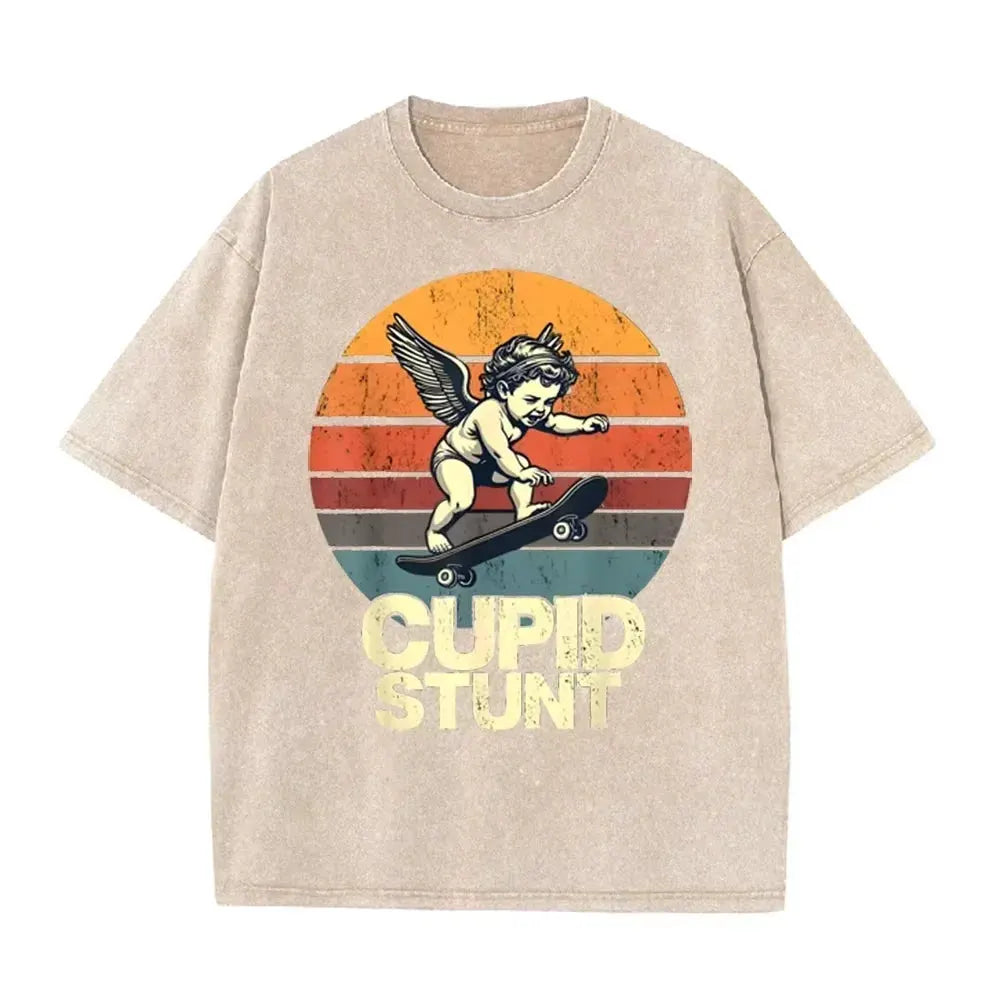 Retro Beige Cupid Stunt Skate Graphic Acid Wash Oversized Tee by Vimost Shop