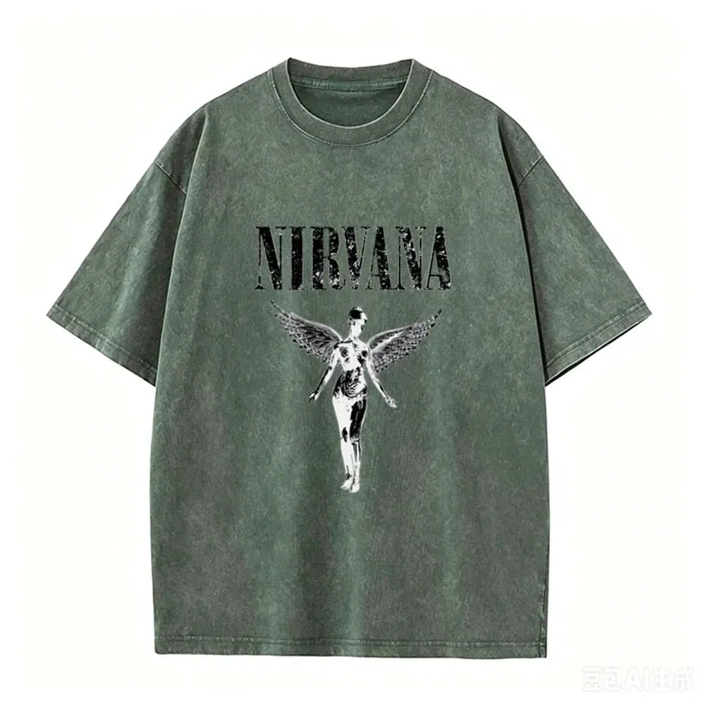 Vintage Distressed Washed Tee Nirvana Grunge Rock Silver Angel Skeleton Print Loose Fit Short Sleeve T Shirts by Vimost Shop