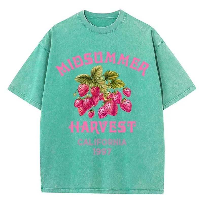 Men's Cotton T-shirt Strawberry Printed Washed T-shirt Comfortable Round Neck Top Men's Summer Clothing by Vimost Shop