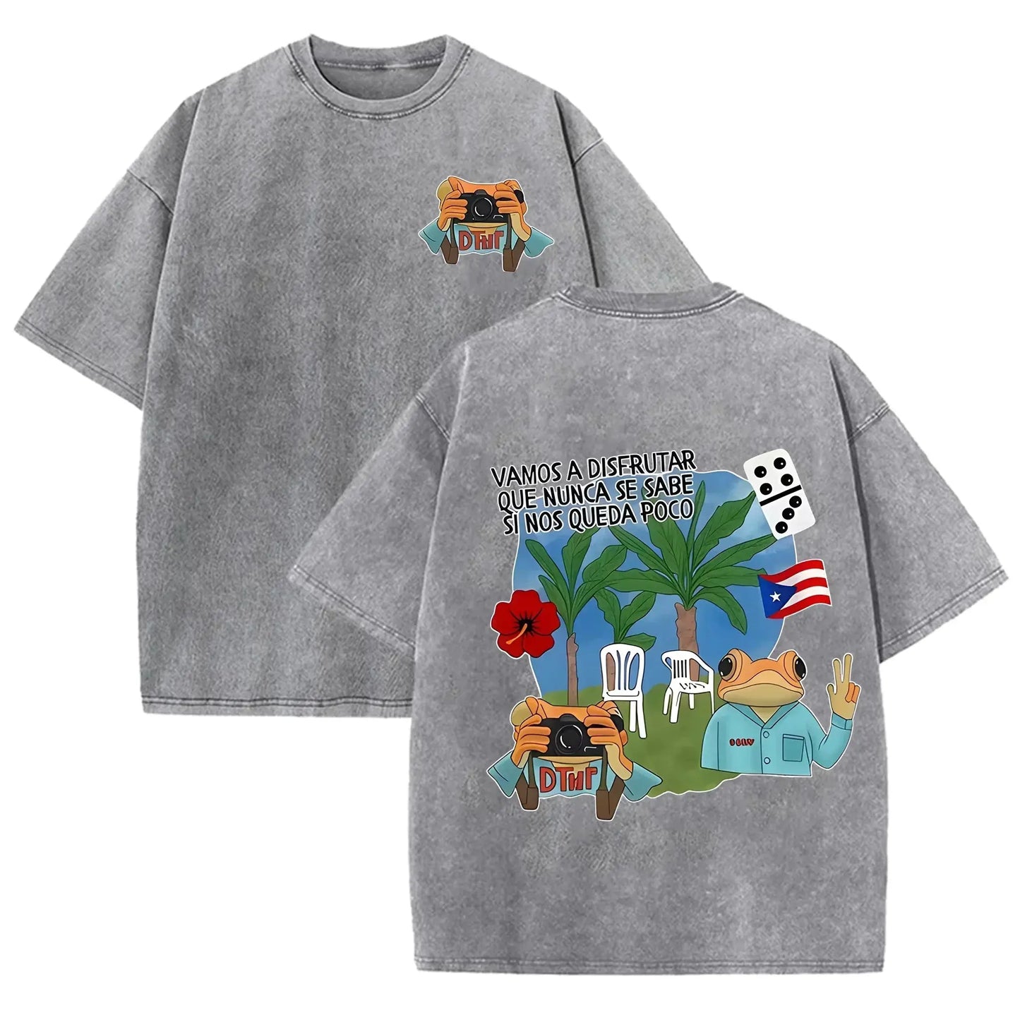 Puerto Rico Flag Frog Vamos A Disfrutar Quote Print Washed Beige Travel Lover T-shirt by Vimost Shop