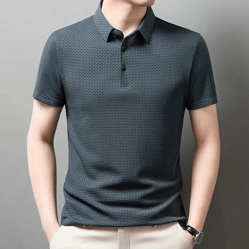 Men's Textured Short-Sleeve Polo Shirt with Collar and Button Placket by Vimost Shop