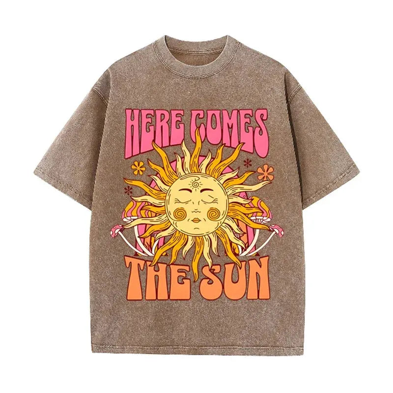 Vintage Black Here Comes The Sun T Shirt Retro Psychedelic Sun Acid Wash Tee by Vimost Shop