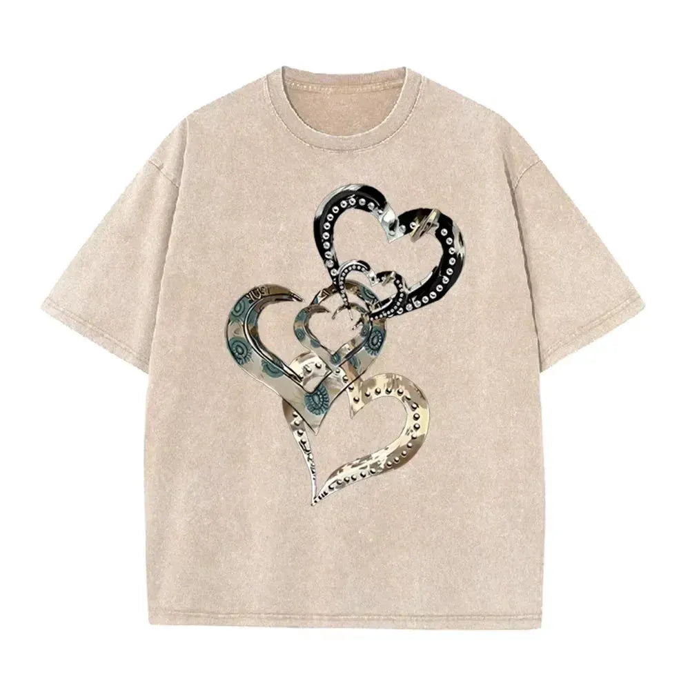 Retro Acid Wash Oversized T-shirt Metallic Multi Heart Print Punk Rivet Design Casual Street Tops by Vimost Shop
