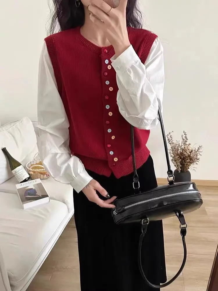 European goods color button cashmere knit vest cardigan women spring and autumn new round neck sleeveless sweater vest-3