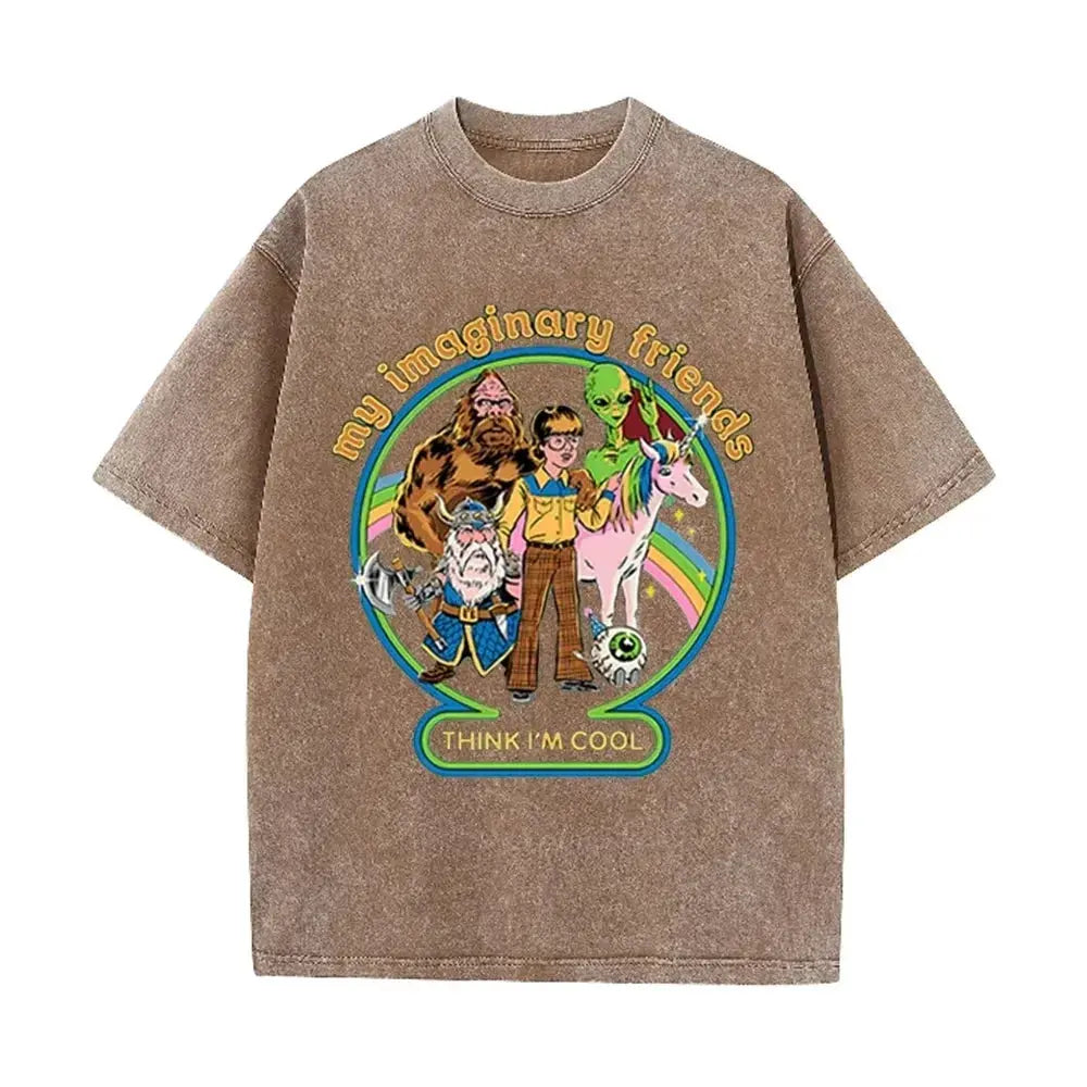 Brown Acid Wash Imaginary Friends Graphic Casual Retro Streetwear Tee by Vimost Shop