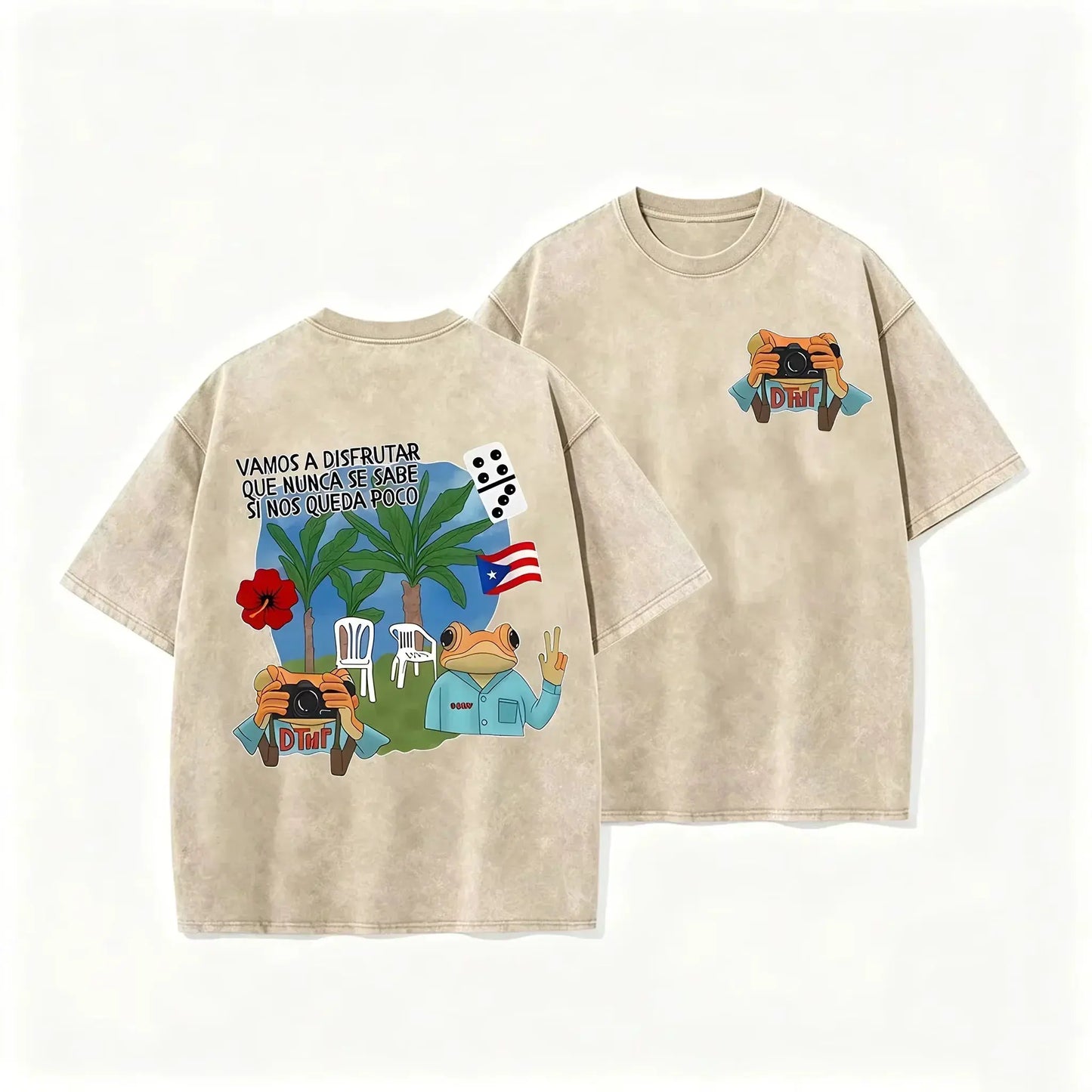 Puerto Rico Flag Frog Vamos A Disfrutar Quote Print Washed Beige Travel Lover T-shirt by Vimost Shop