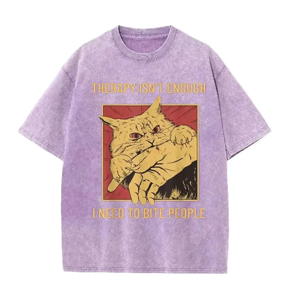 Funny Cat Bite Hand "Therapy Isn't Enough" Print Vintage Washed Black T Shirt by Vimost Shop