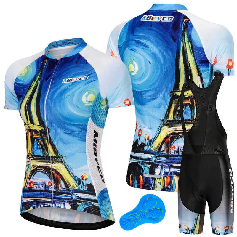 Women Short Sleeve Cycling Jersey Set Summer Bike Bib Shorts Suit-7