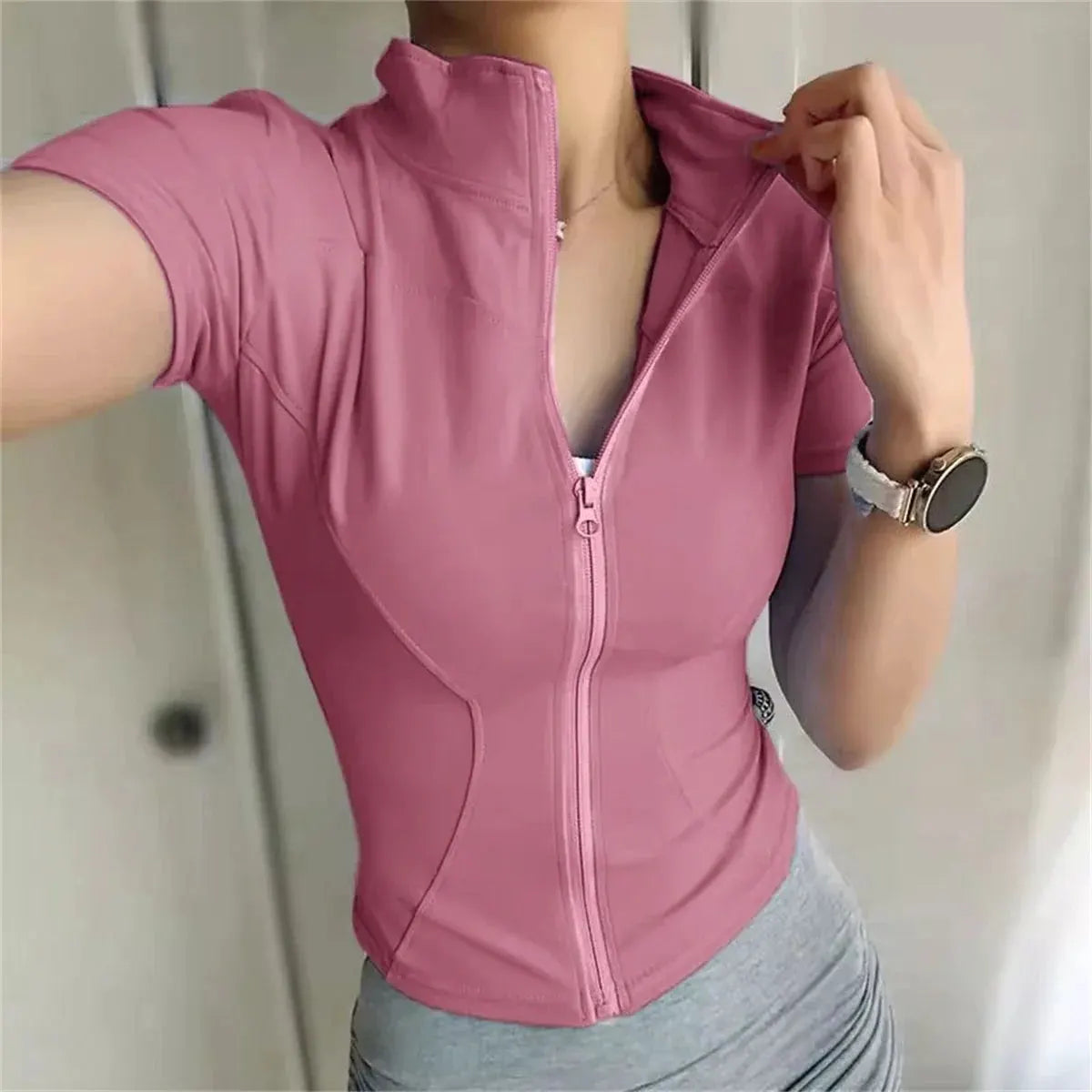 Women's Short-Sleeve Zip-Front Training Jacket with Stand Collar and Slim Fit by Vimost Shop