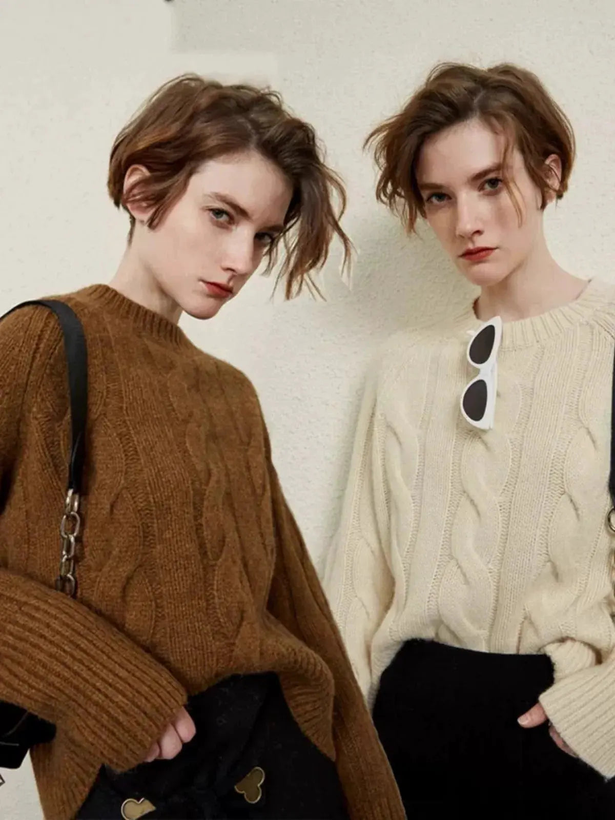 European autumn and winter cashmere sweater women's crewneck twist sweater loose cover to wear pure wool knitted bottom thick by Vimost Shop