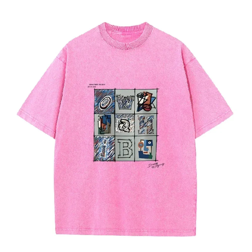 Retro Abstract Alphabet Art T Shirt Picasso Inspired Print Washed Casual Streetwear by Vimost Shop