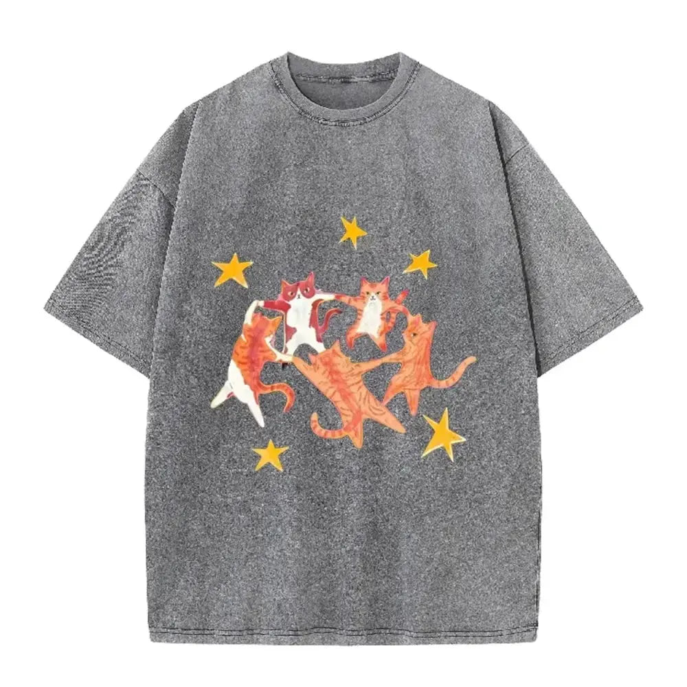 Vintage Washed Purple Dancing Orange Cats Star Print Casual Cute Animal Graphic T Shirt by Vimost Shop