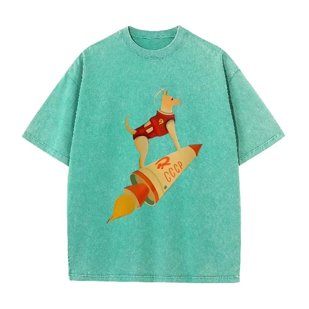 Vintage Washed Gray Tshirt CCCP Laika Space Dog Rocket Cartoon Print Loose Short Sleeve Retro Soviet Casual Tee by Vimost Shop