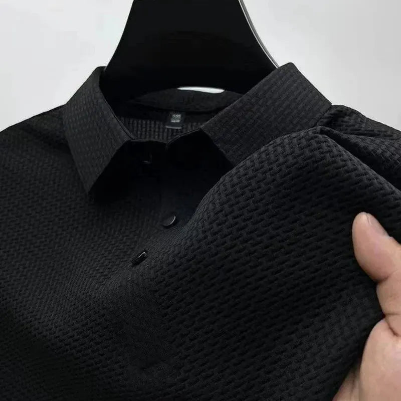Men's Textured Short-Sleeve Polo Shirt with Collar and Button Placket by Vimost Shop