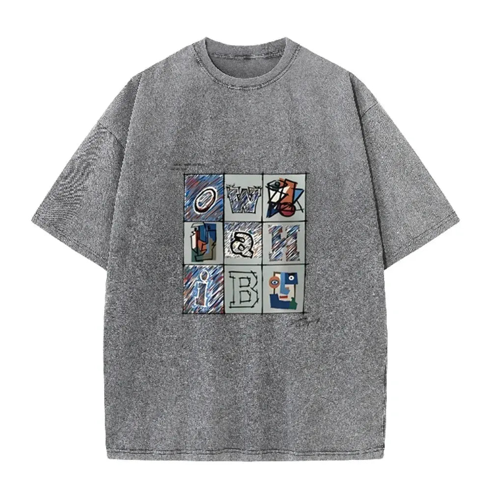 Retro Abstract Alphabet Art T Shirt Picasso Inspired Print Washed Casual Streetwear by Vimost Shop