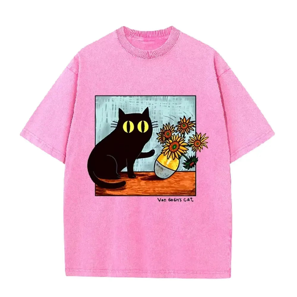 Funny Art Cat Van Gogh's Cat Print Vintage Washed Blue Casual Graphic T Shirt by Vimost Shop