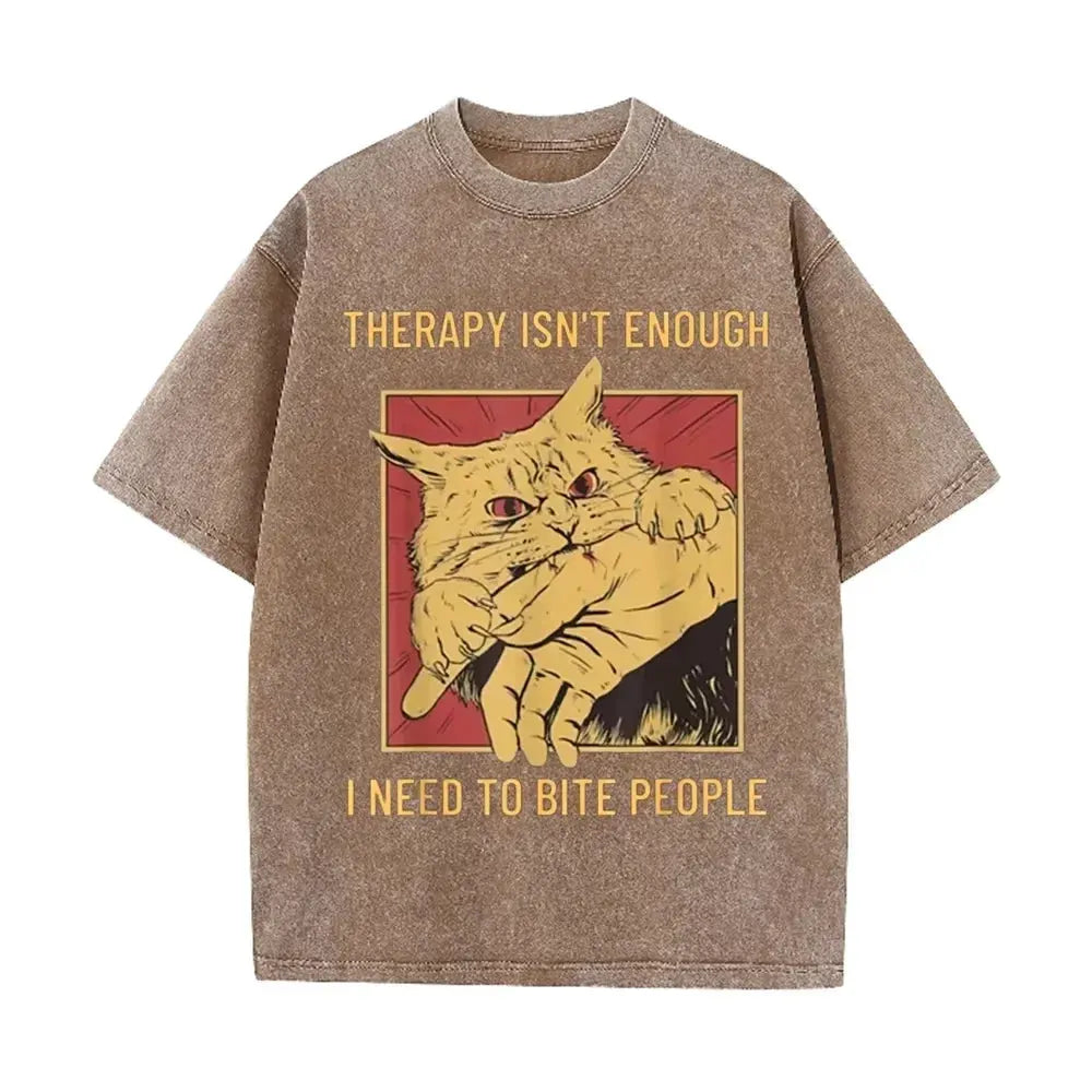 Funny Cat Bite Hand "Therapy Isn't Enough" Print Vintage Washed Black T Shirt by Vimost Shop