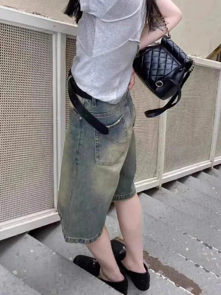 S-4XL Denim Shorts Women Chic Leisure Streetwear High Waist Korean Style Summer Knee Simple Comfortable Students Clothing New by Fertile Store
