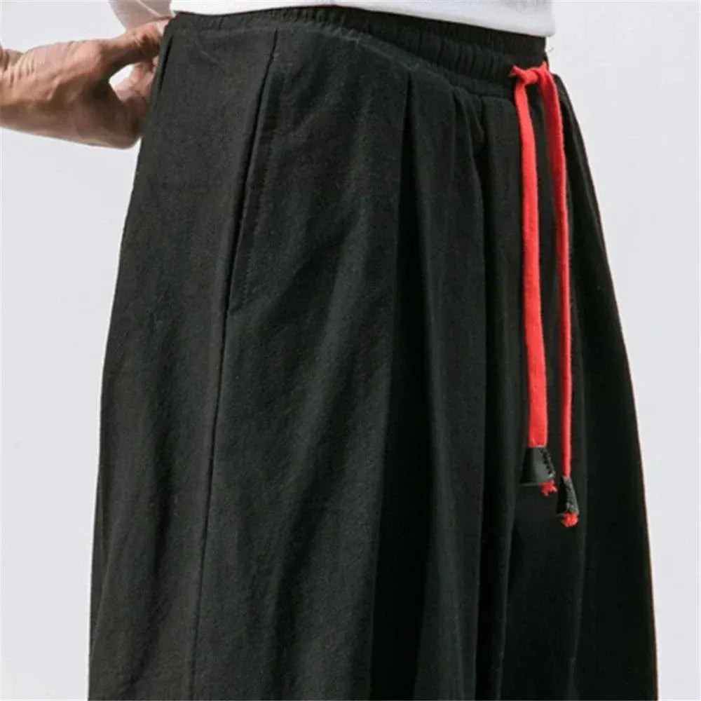 Men's Loose-Fit Cotton-Linen Harem Pants with Elastic Waist and Gathered Cuffs by Vimost Shop