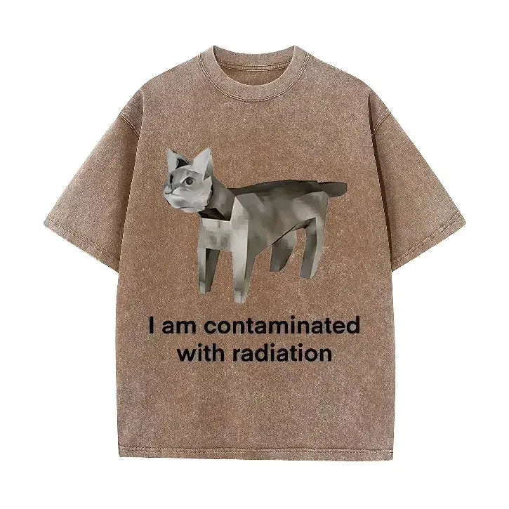 Vintage Washed Green Low Poly Radiation Cat I Am Contaminated Funny Meme Casual T Shirt by Vimost Shop