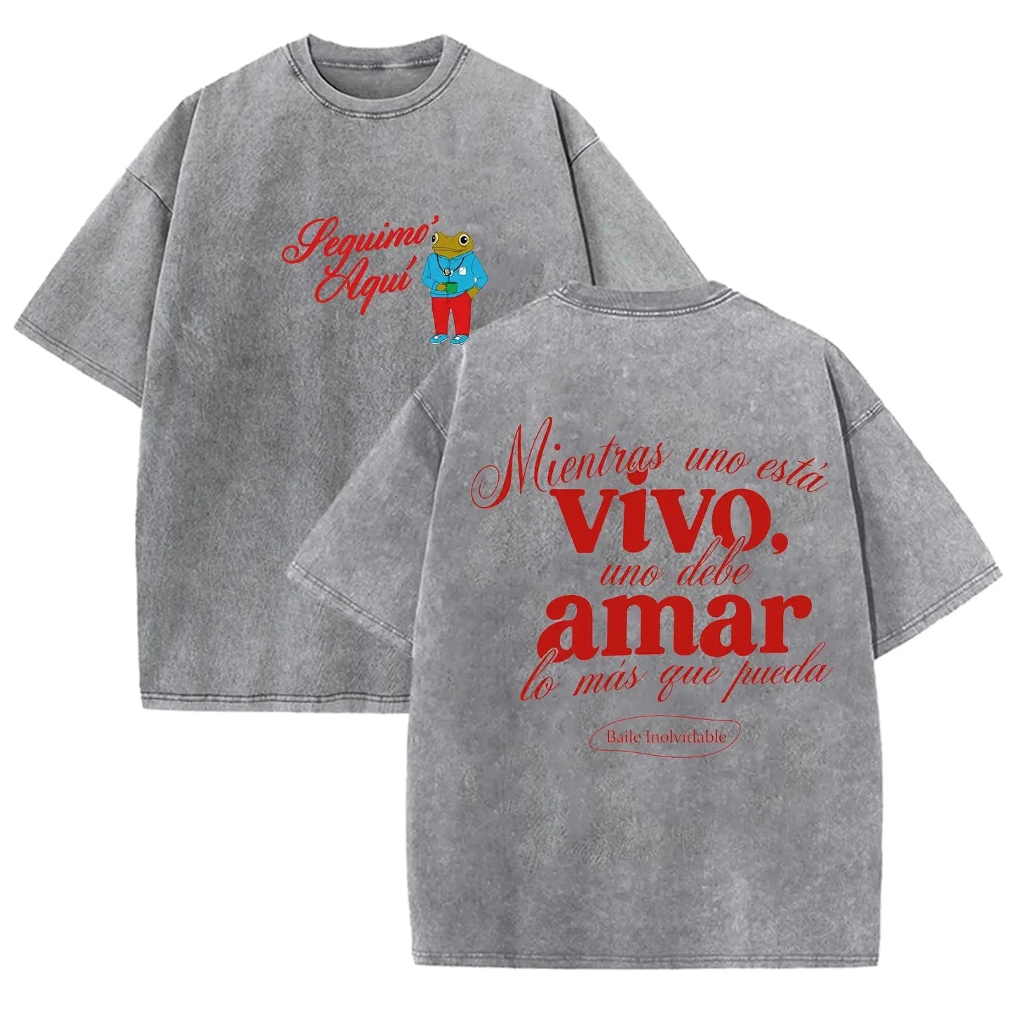 Vintage Washed Black Seguimo Aqui Frog Spanish Slogan Front Back Print Casual T Shirt by Vimost Shop