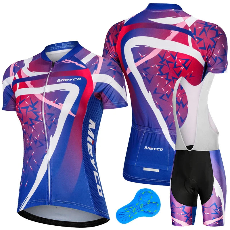 Women Short Sleeve Cycling Jersey Set Summer Bike Bib Shorts Suit-8