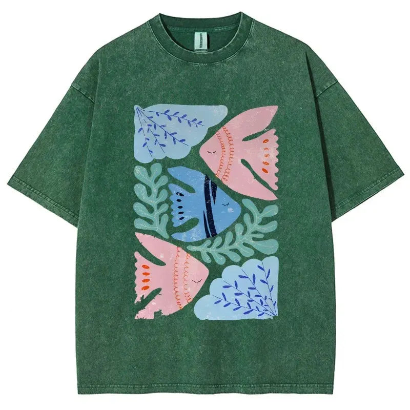 Feng Shui Minimalist Cartoon Printed Men's T-shirt Large Loose T-shirt Casual Retro Washed Short Sleeved T-shirt by Vimost Shop